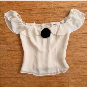 Reformation Cream Off-Shoulder Blouse with Black Floral Detail